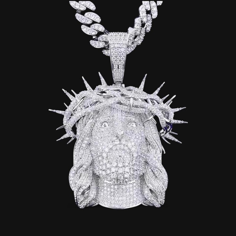 Thorn Crown Jesus Head Pendant, 20 Inch Cuban Chain 9mm link